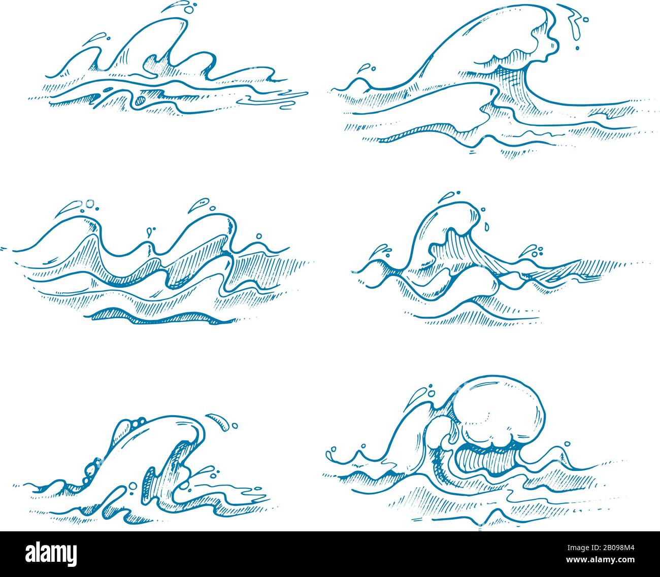 Vektor der alten Meereswellen in handgezeichneter, Skizze und Doodle-Stil. Wellenwasser Ozean, mit wirbelnden Wellen. Vektorgrafiken Stock Vektor
