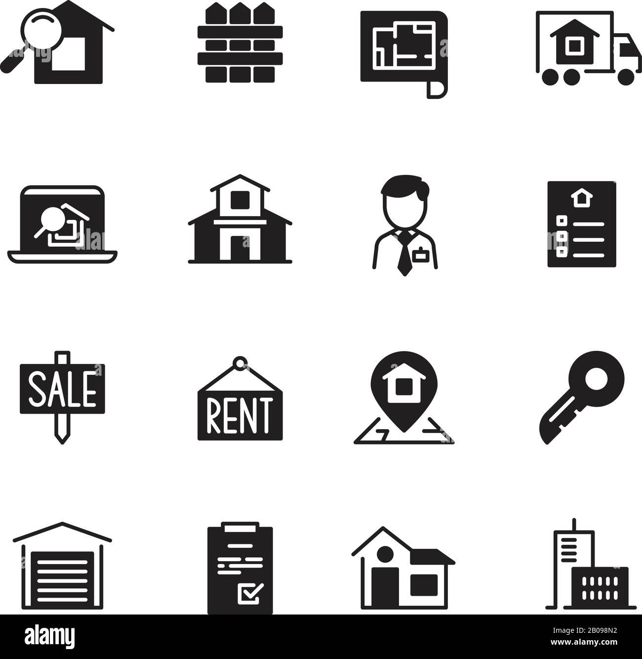 Immobilien, Vektor-Symbole für zu Hause. Immobilienverkauf, Hausbau und Wohnung Immobilien mieten Illustration Stock Vektor