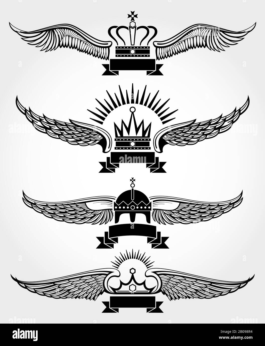 Vektor geflügelte Kronen und Bänder königliche Logo-Vorlagen in schwarz-weißer Abbildung Stock Vektor