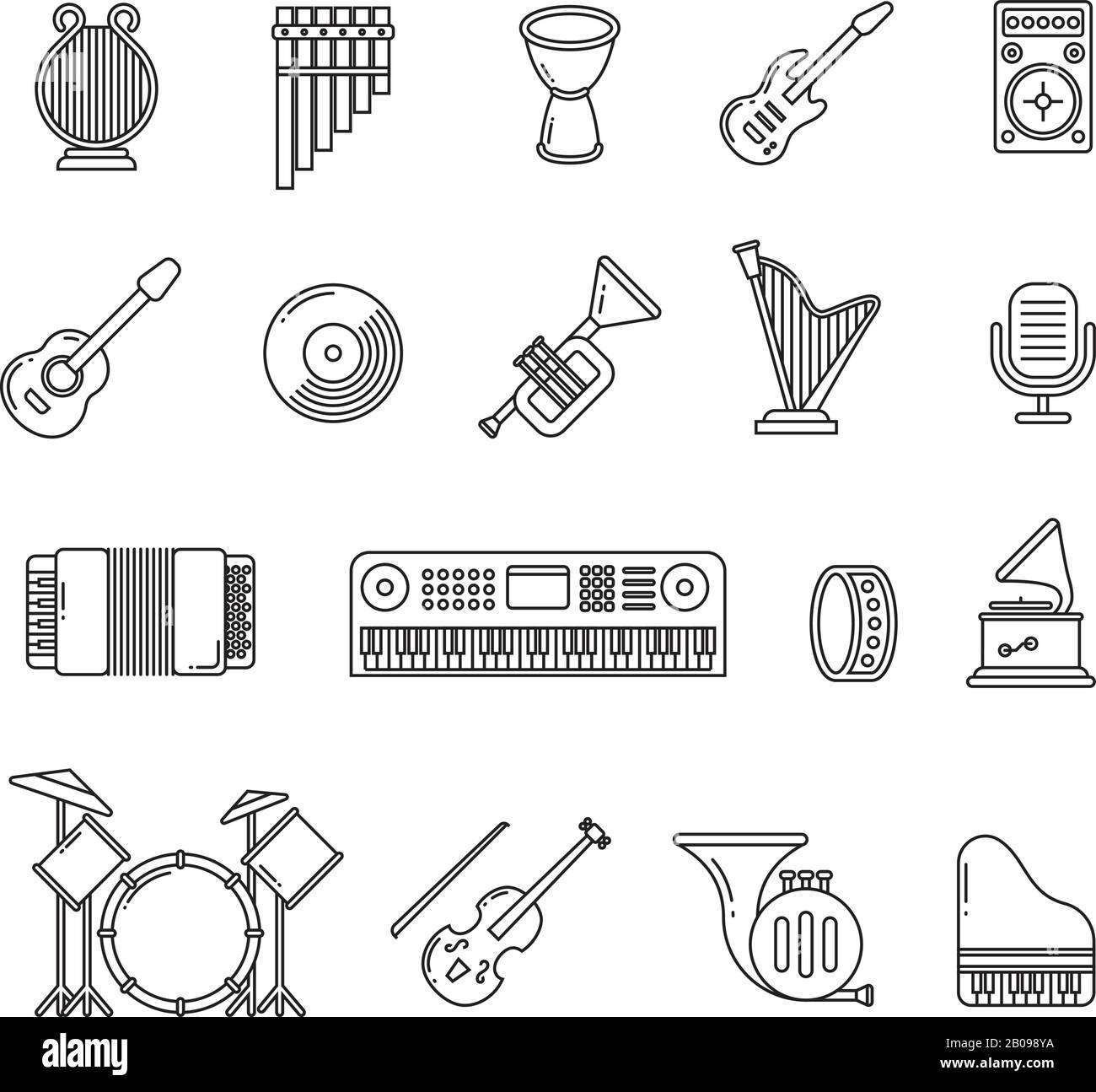 Musikkonzertinstrumente - dünne Linien - Vektorsymbole. Instrumentensatz Gitarre Klavier und Violine, Illustration des klassischen Instruments Stock Vektor