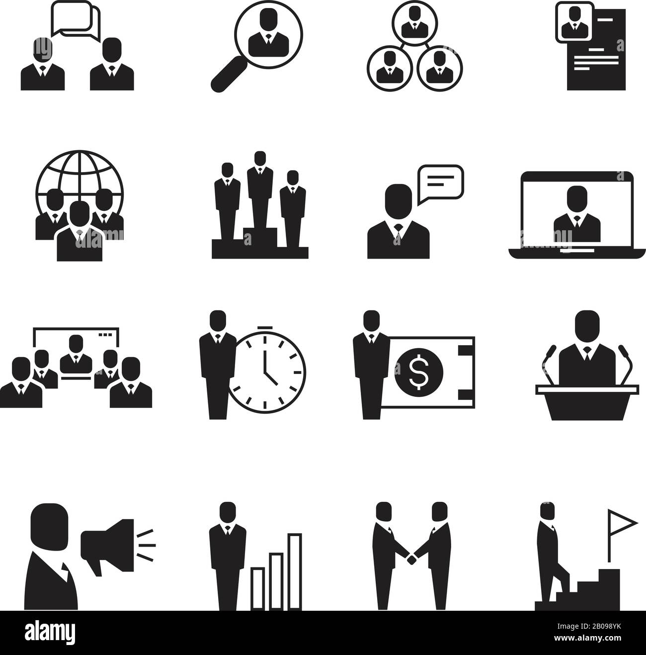 Business People, Professional Team, Office Group, Management, Handshake, Training Vector Icons Set. Darstellung von Geschäftsprojekts in Business Management und Präsentation Stock Vektor