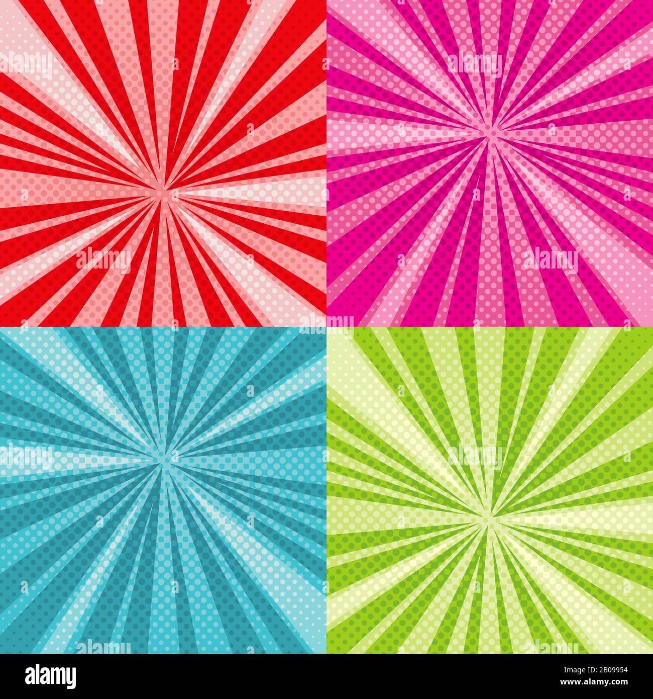 Sonnenstrahlen Comic-Pop-Art-Vektorhintergründe mit Rastergradienten in Halbtönen. Set aus farbigem Sunburst-Pop-Art, Illustration des Muster-Pop-Art-Buches Stock Vektor