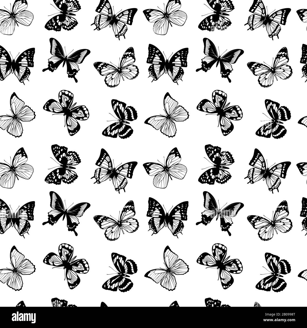 Vektor nahtloses Muster mit Schmetterlingen. Hintergrund mit schwarzen Schmetterlingen, Illustration von Silhouetten-Schmetterling Stock Vektor