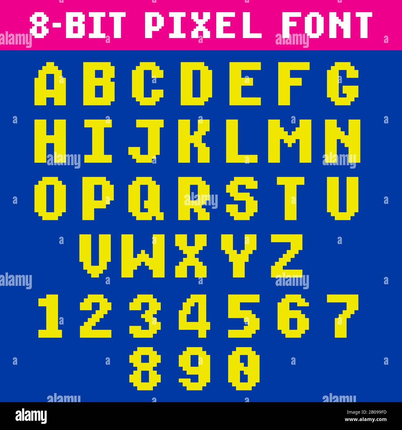 Retro Video Spiel Pixel Buchstaben und Zahlen Schrift, digitales Alphabet, Typ. Pixel-Alphabet-Typ, Pixelabbildung für Zahlen- und lateinische Buchstaben Stock Vektor