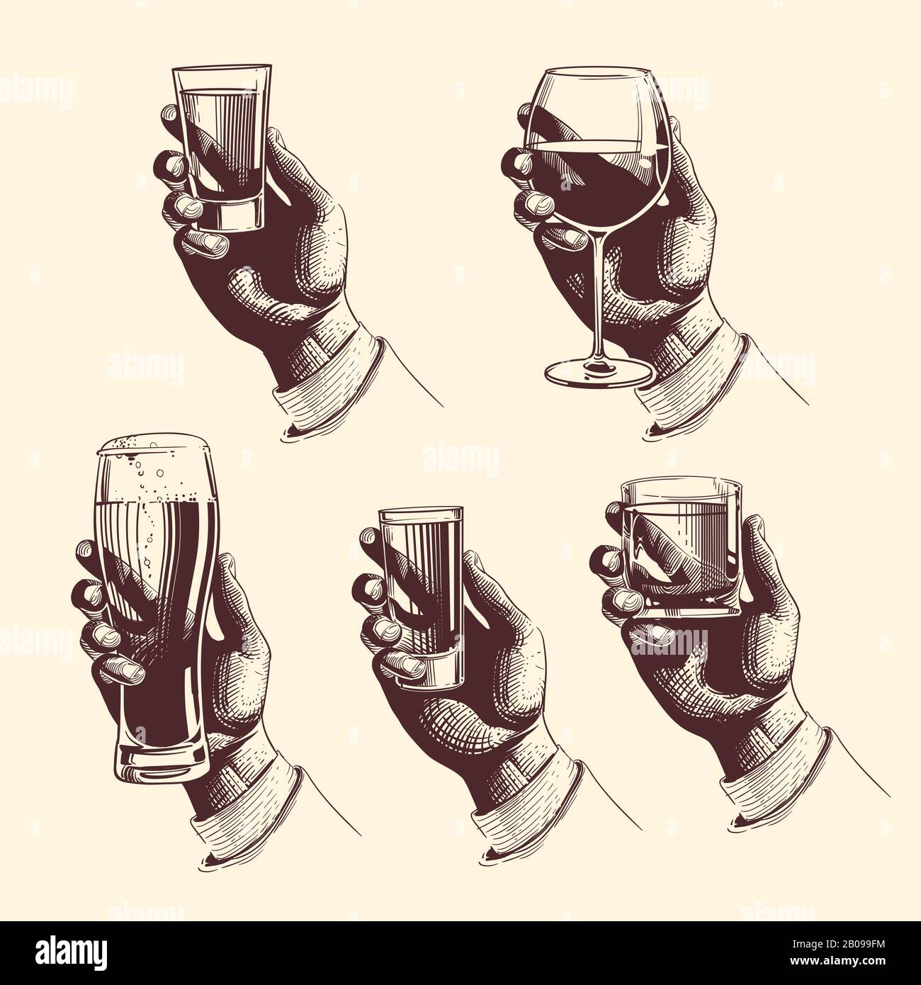 Hände, die Gläser mit Getränken Bier, Tequila, Wodka, Rum, Whisky, Wein halten. Vektor gravierte Abbildung. Halten Sie Glas mit Getränk Stock Vektor