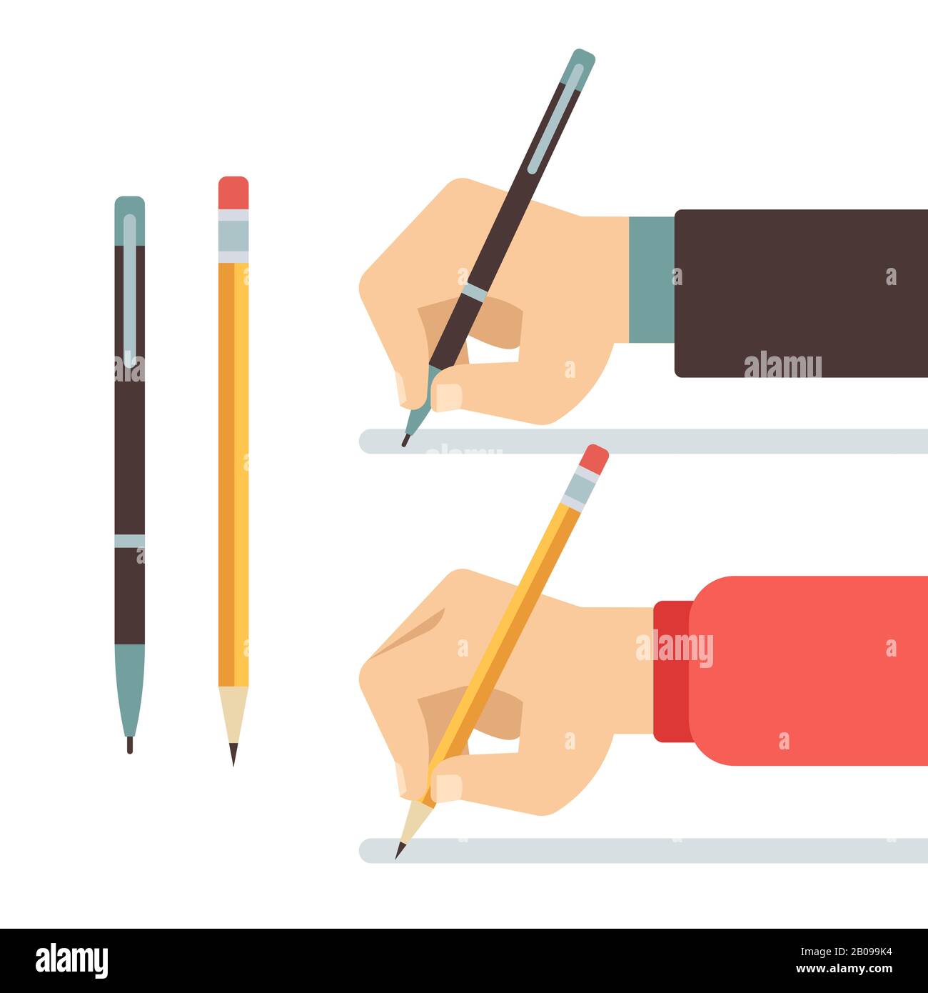 Cartoon schreibt Hände mit Stift und Bleistift flache Vektorgrafiken. Schreiben mit Bleistift oder Stift. Halten Sie den Stift gedrückt, und schreiben Sie Stock Vektor