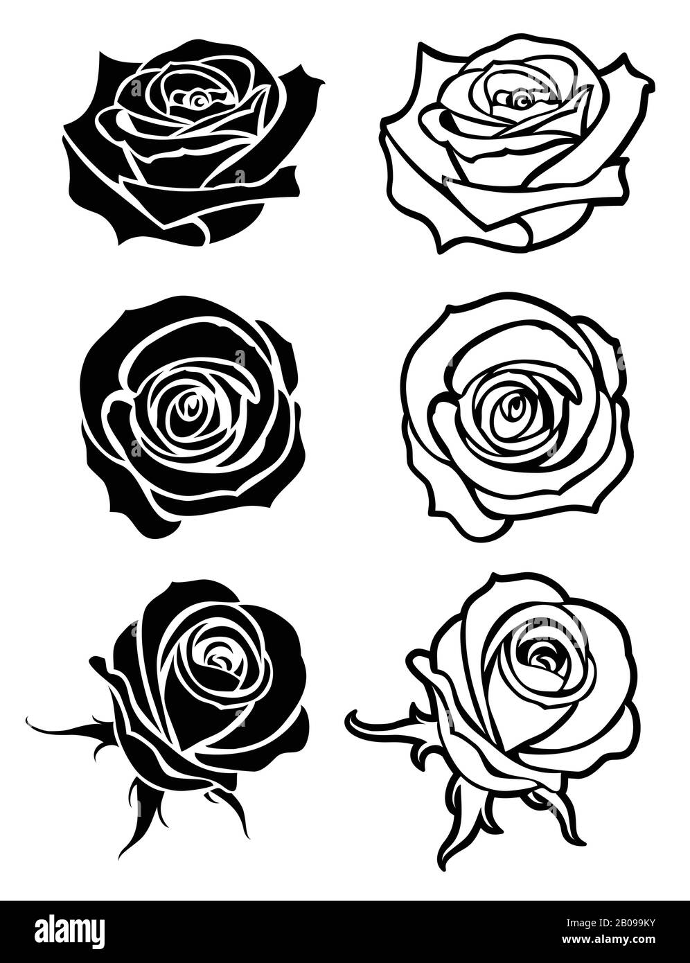 Nahaufnahme von Rosen-Vektor-Tätowierung, Logos, floralen Silhouetten. Set aus Blumenrose monochrom, Rosen mit Blumendarstellung Stock Vektor