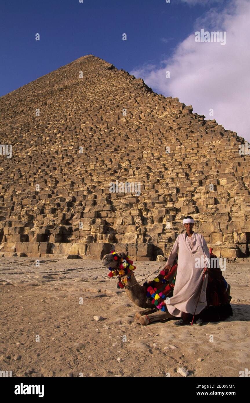 ÄGYPTEN, KAIRO, GIZEH, CHEOPS-PYRAMIDE MIT LOKALEM MANN UND KAMEL Stockfoto