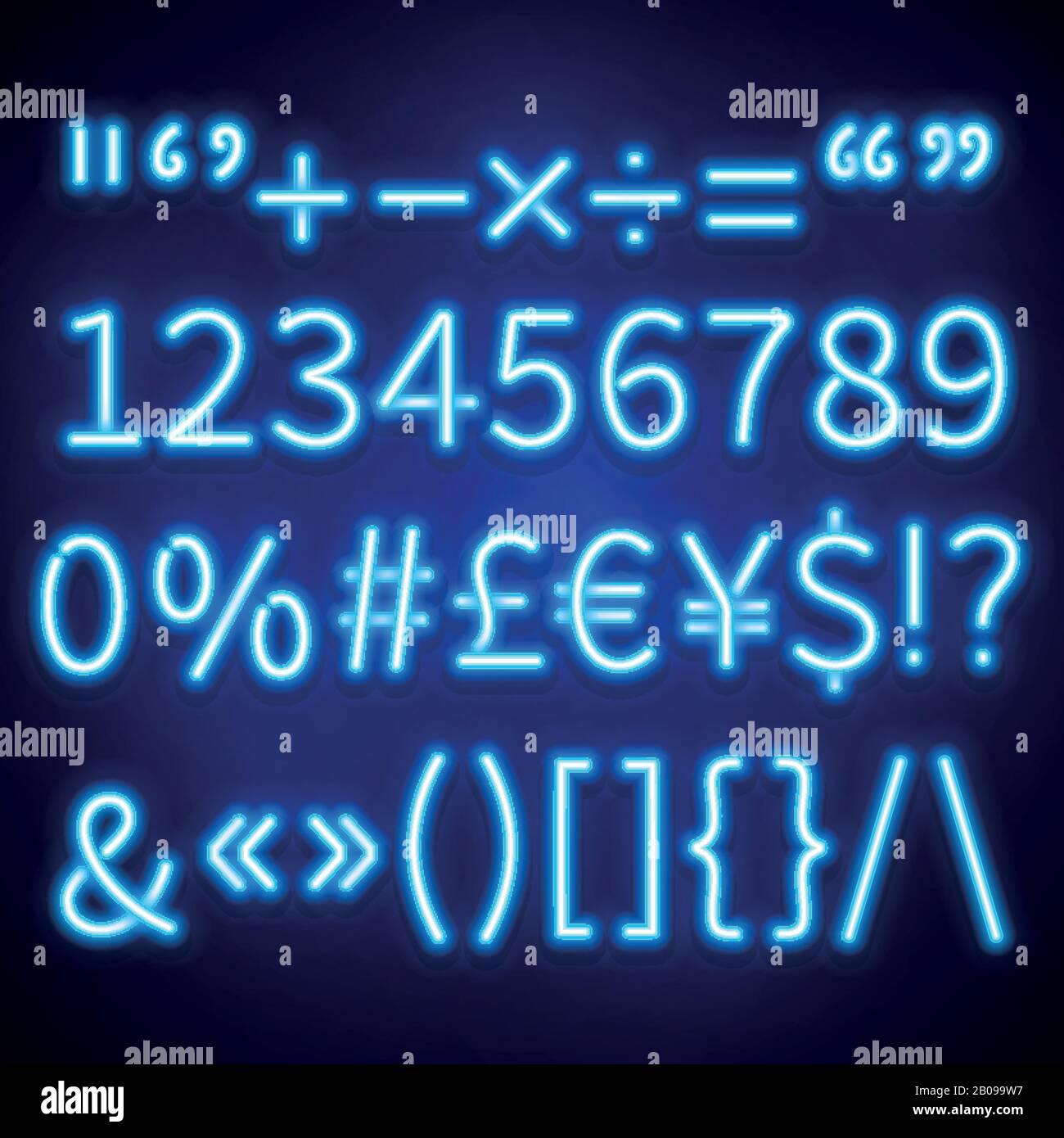 Leuchtende Neonzahlen, Textsymbole und Währungszeichen Vektortypeset, Schriftart. Neon-Zeichen von Dollar und Euro, Klammern Neon und Symbol Prozentangabe Stock Vektor