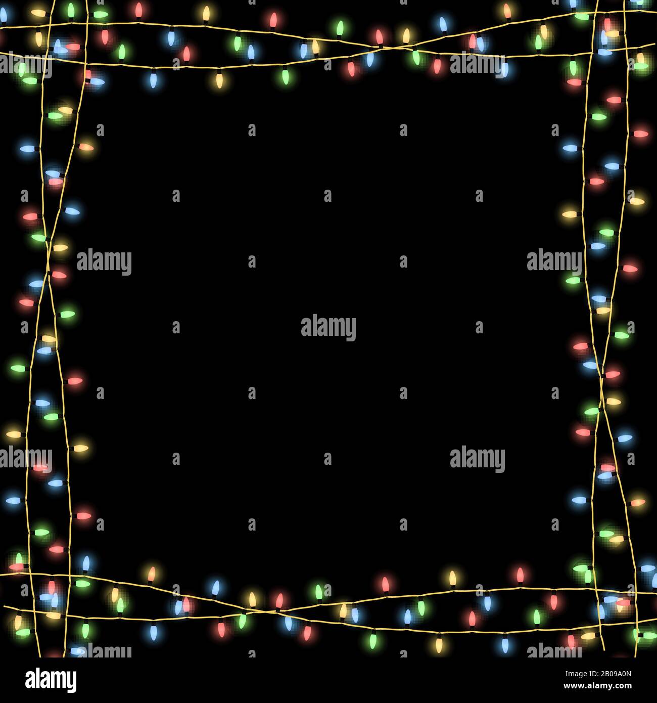 Glühende Weihnachten garlands Vektorrahmen über Schwarz. Dekoration zur Illustration der Feier Stock Vektor