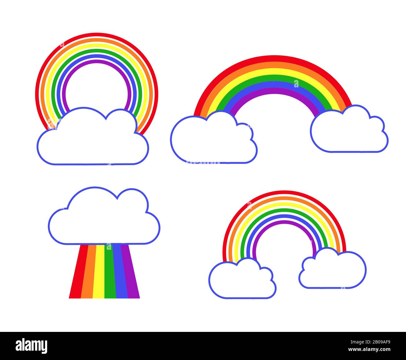 Satz von Symbolen für Vektorregenbogen und Wolken. Abbildung: Wetter nach Regen Stock Vektor