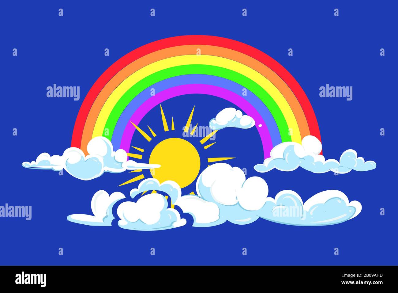 Sonne, Regenbogen und Wolken tiefblauer Himmel. Abbildung: Sonne und natürliche Wolken Stock Vektor