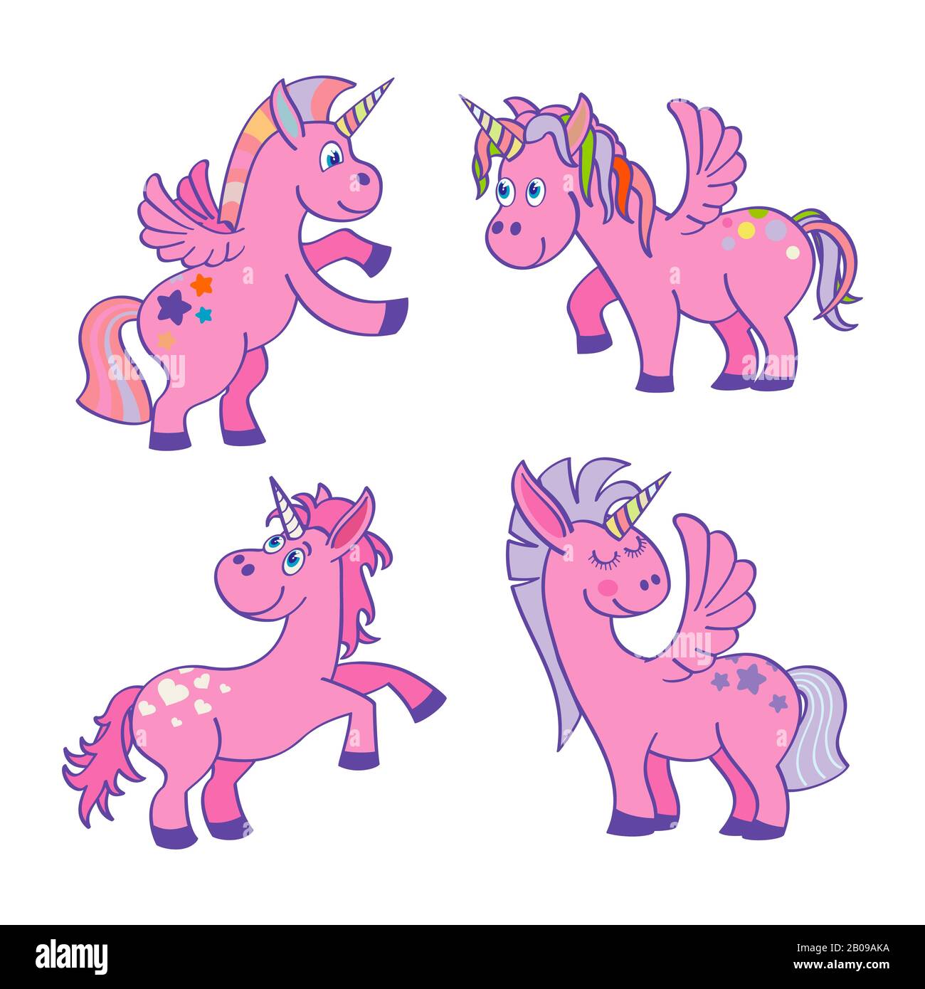 Satz von Vektor pink Unicorns weißer Hintergrund. Cartoon Tierillustration Stock Vektor