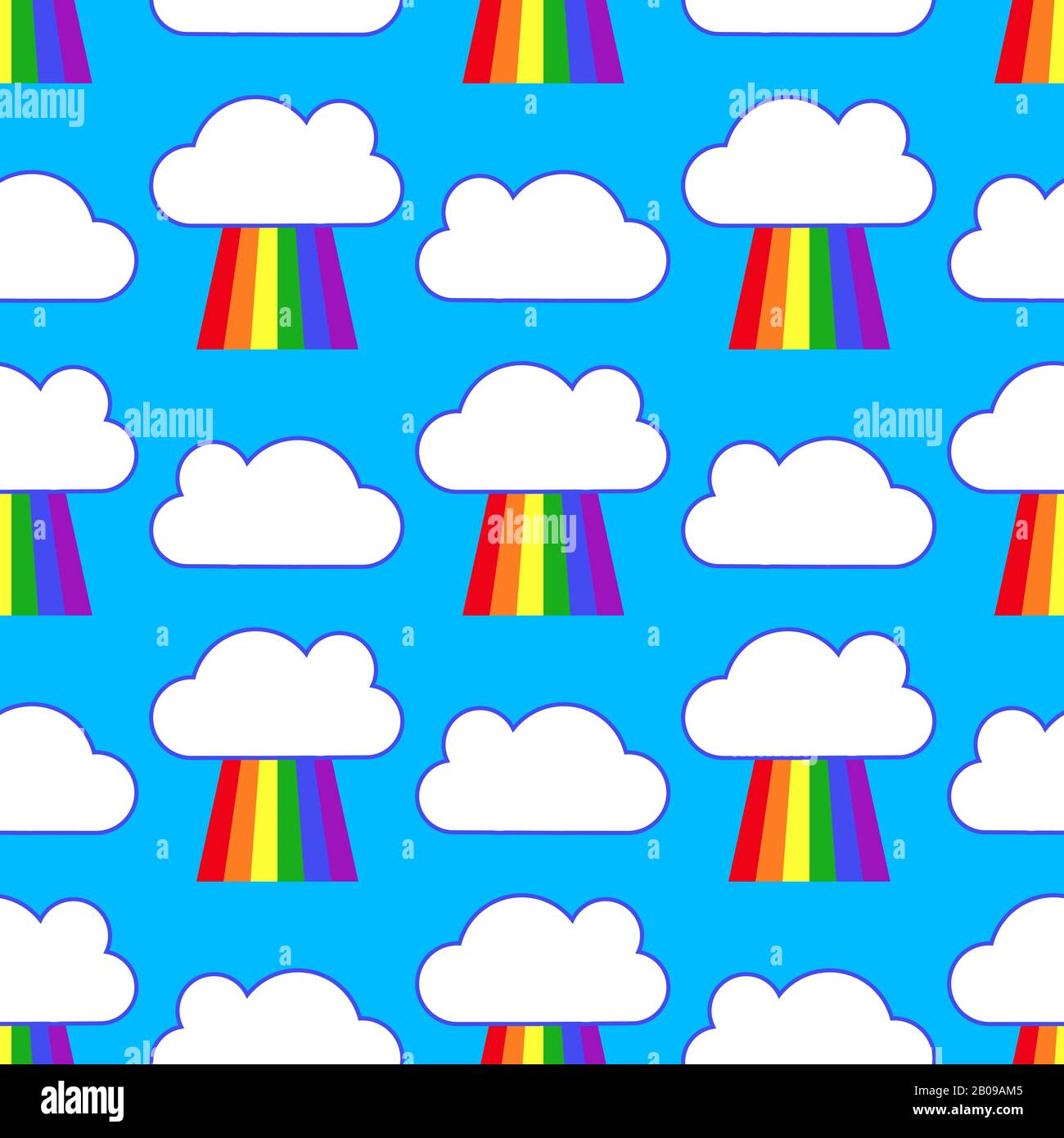 Blauer Himmel mit Regenbögen und Wolken nahtloses Muster. Hintergrundwetter nach Regen. Vektorgrafiken Stock Vektor