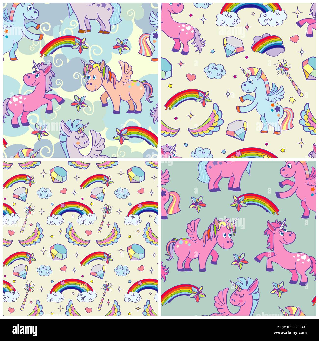 Satz von Vektor-Hand gezeichneten Unicorns und magischen Elementen nahtloses Muster. Sammlung von Hintergrundbildern zum Geburtstag Stock Vektor