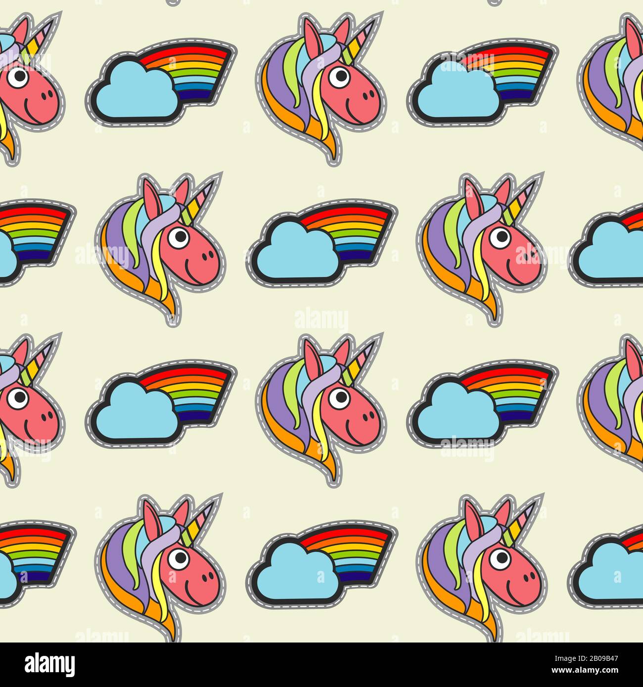 Vektor-Patch-Unicorns und Regenbögen nahtloses Muster. Hintergrund mit Farbponylo-Abbildung Stock Vektor