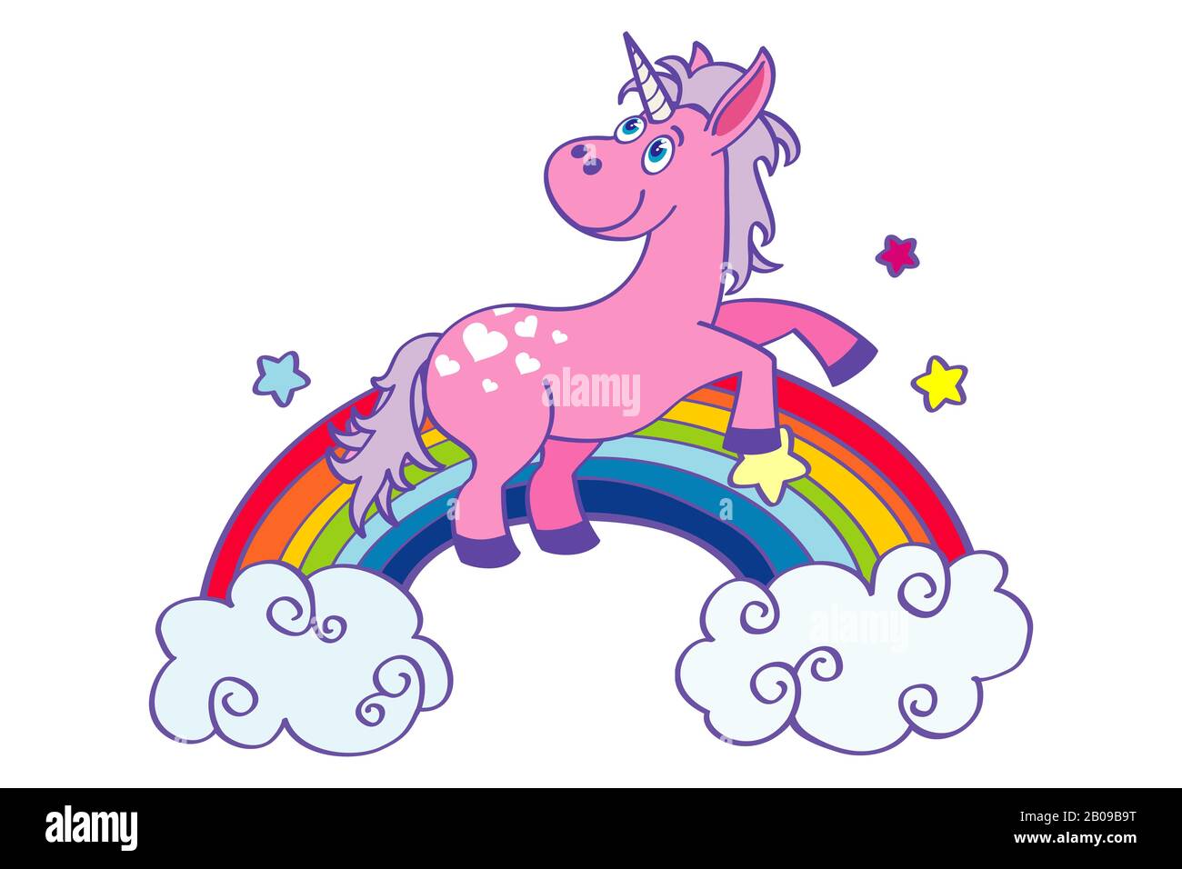 Handgezeichnetes, rosafarbenes Einhorn, das auf einem Regenbogen tanzt. Glückliches Pony, Vektorgrafiken Stock Vektor