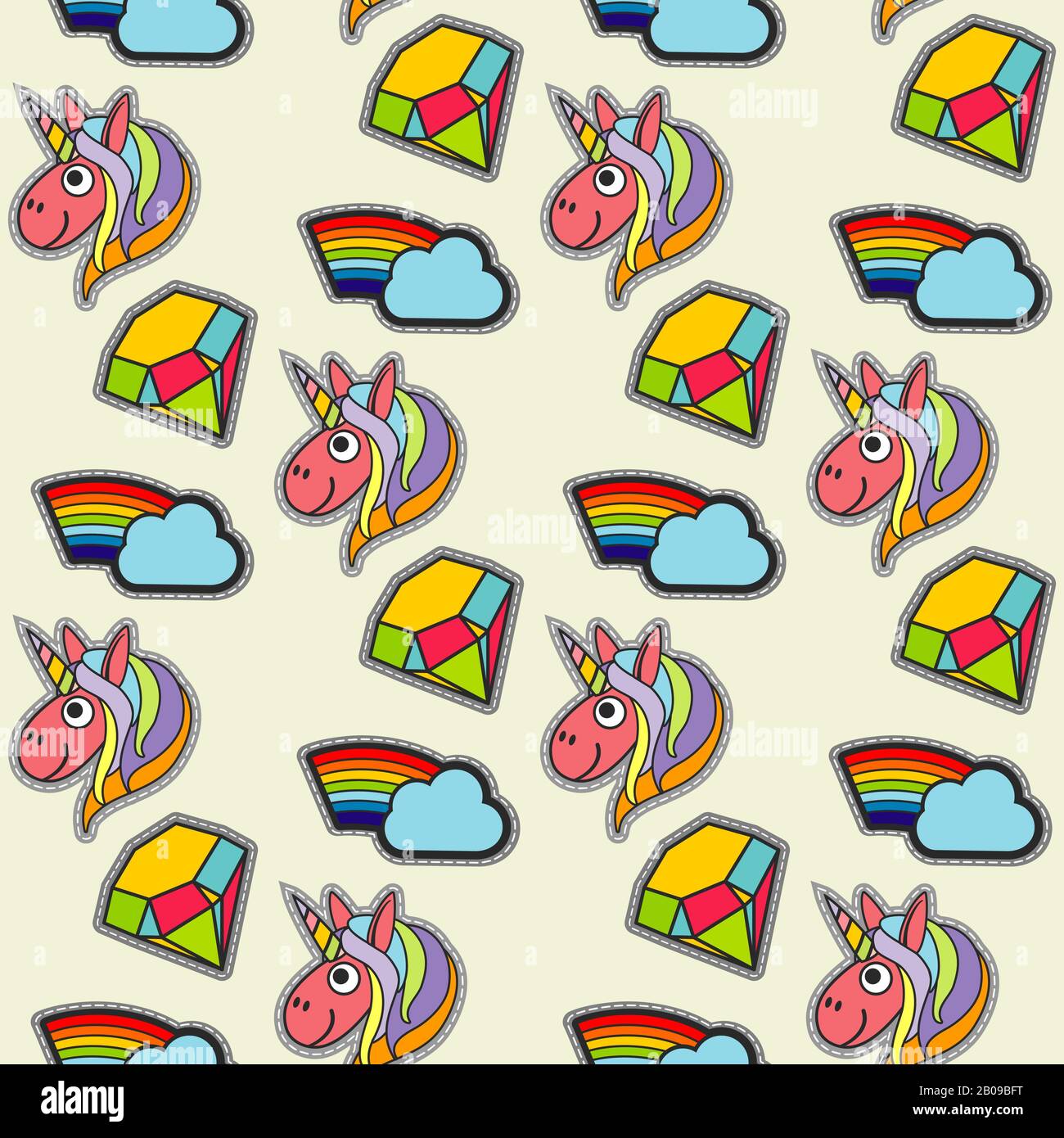 Vektor-Patch-Unicorns und Regenbögen nahtloses Muster. Comic Fun Elements Illustration Stock Vektor