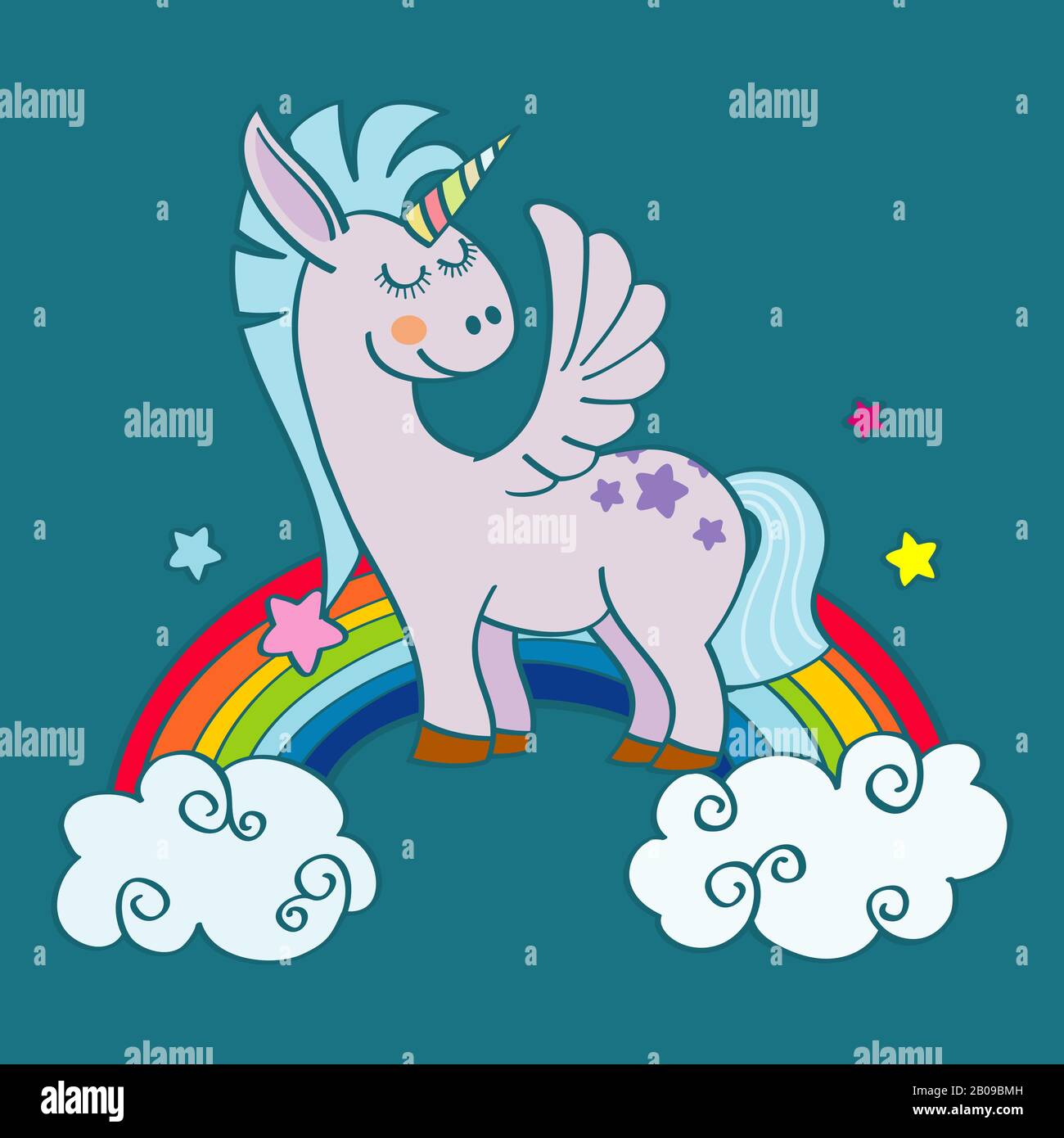 Handgezeichnetes geflügeltes Einhorn, das auf Regenbogen steht, isoliert. Vektorgrafiken Stock Vektor