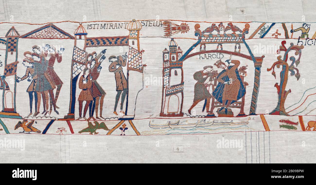 Bayeux Wandteppichszene 31-32-33: Die Astroologen sehen einen Kometen am Himmel und sagen ein böses Omen für Harold voraus. BYX31 Stockfoto