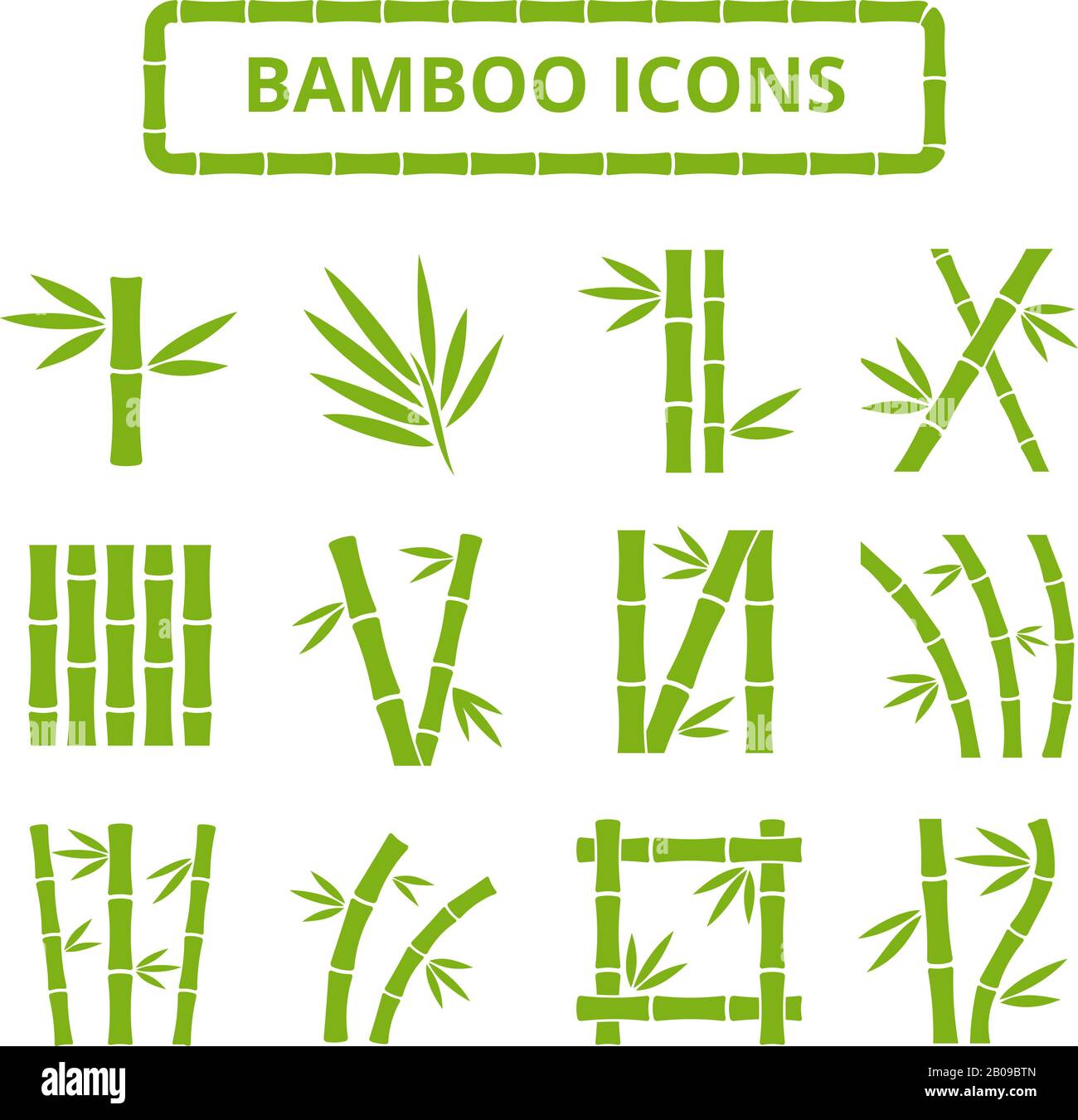 Bambusstiele und Blätter Vektorsymbole. Asiatische bambu-zen-Pflanzen isoliert auf weißem Hintergrund. Bambus mit Blattwerk, Bambuszeichnung mit Kurvenrahmen Stock Vektor
