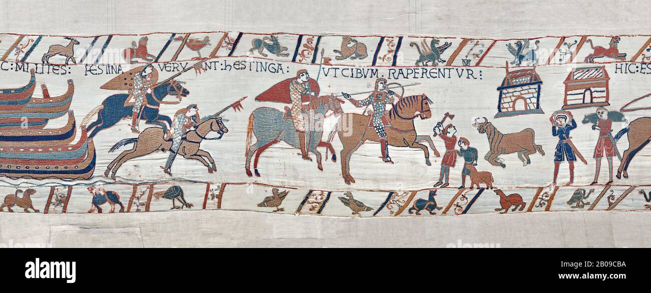 Bayeux Tapestry Szene 40: Normannische Soldaten fahren nach Hastings, um Camp zu machen. BYX40 Stockfoto