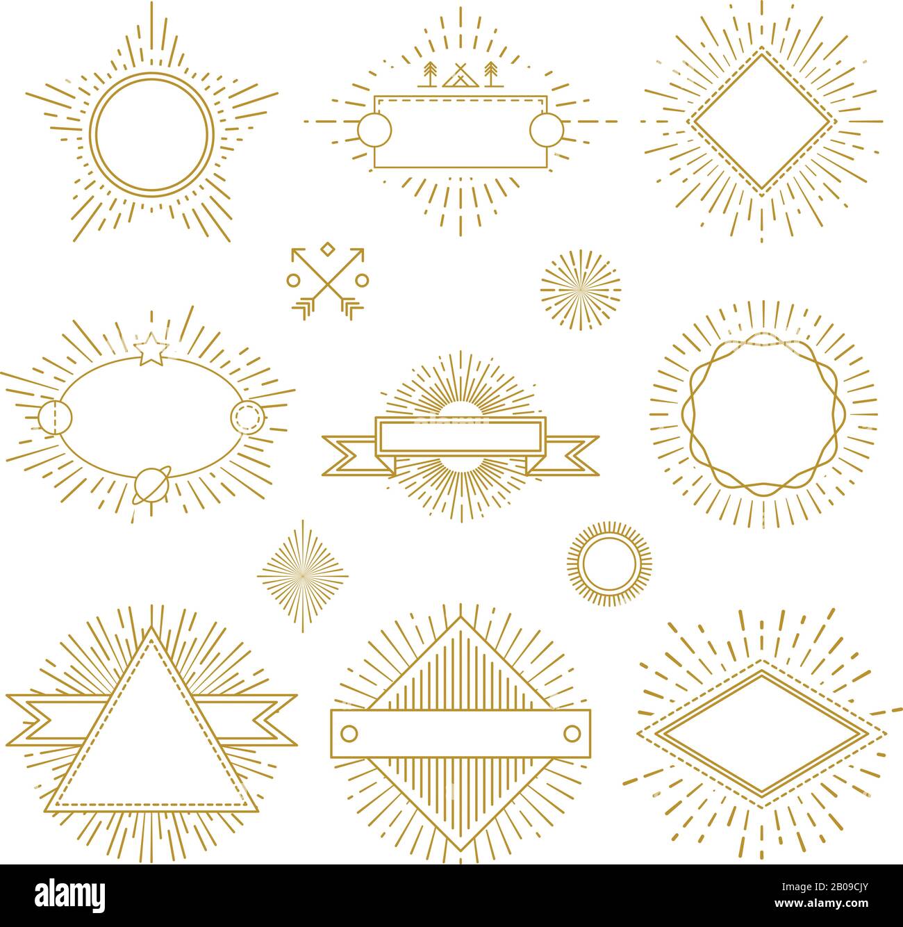 Vintage Circle Sunburst Line Embleme, Abzeichen, Etiketten, Logos mit Sunrise Frame Vector Set. Vorlagenrahmen für Logo mit Sonnenstrahl, Sammlung von Sonnenplatzwabzeichen Illustration Stock Vektor