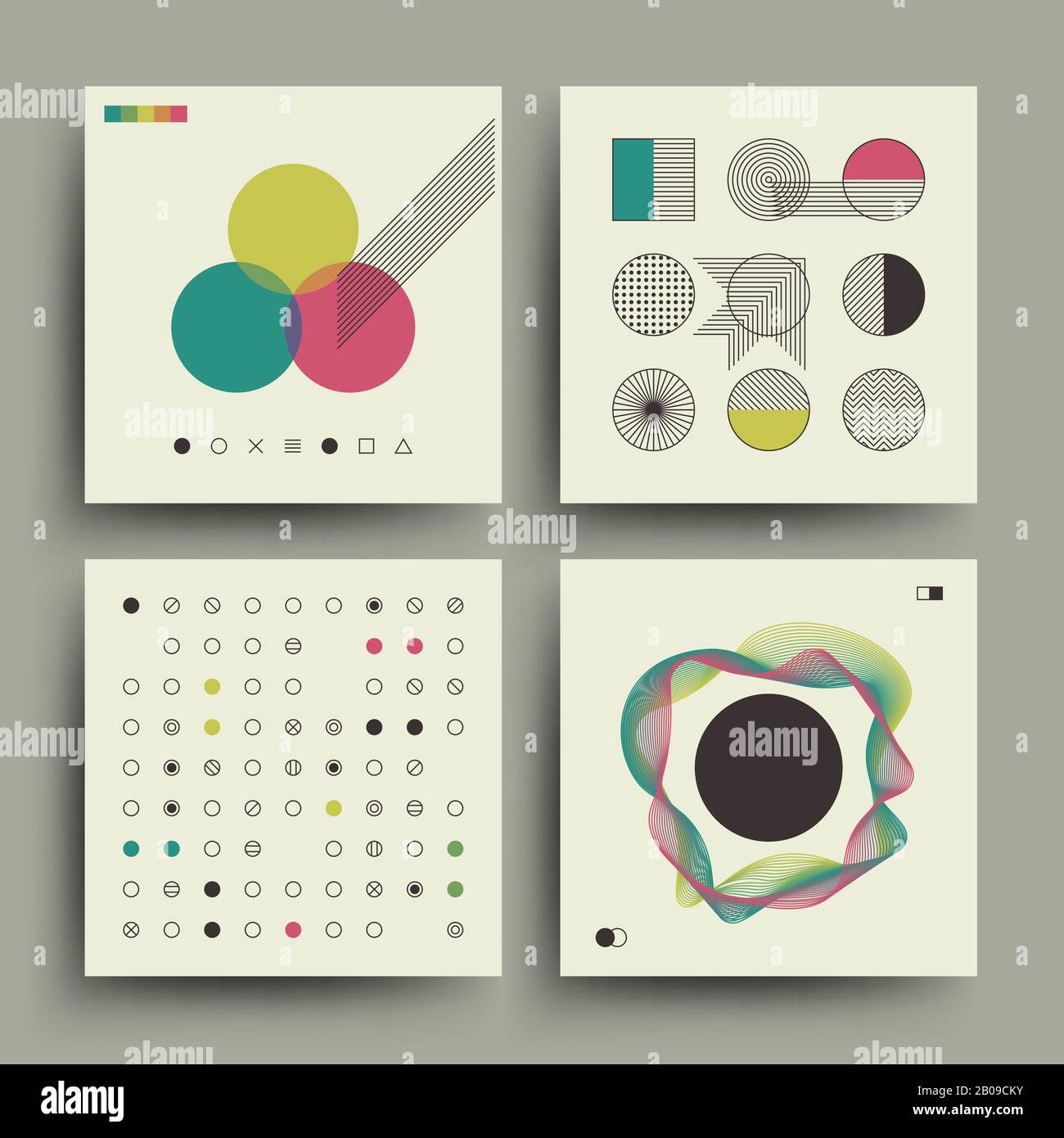 Altes Magazin, Vintage-Musik-Album Cover im schweizer Stil Vektor. Set mit Retro-Plakette, Booklet mit modischer Retro-Muster-Illustration Stock Vektor