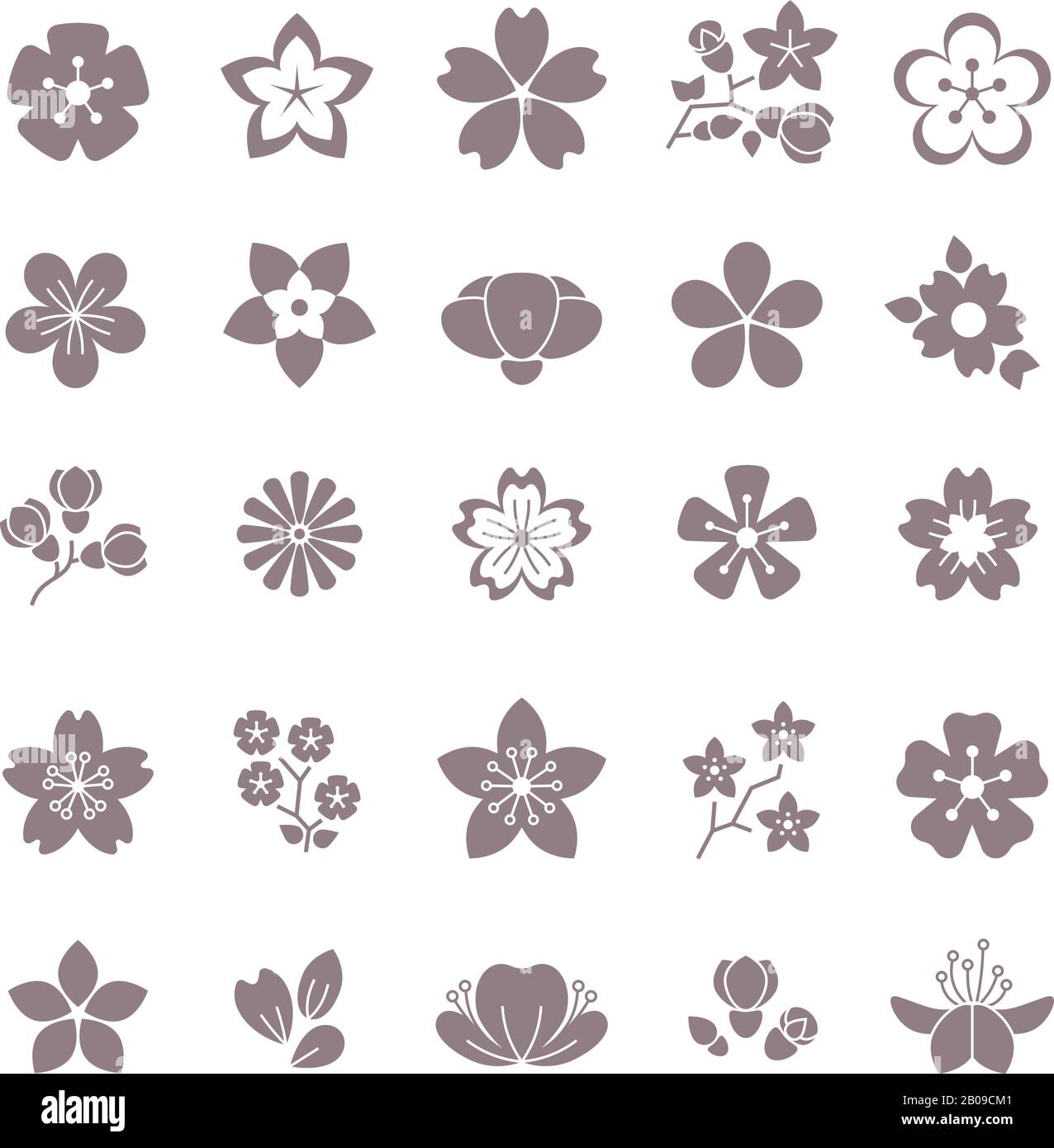 Einfache Vektorsymbole mit Blumen- und Blumenmuster. Silhouette von Blumen, Illustration blüht Blume Stock Vektor