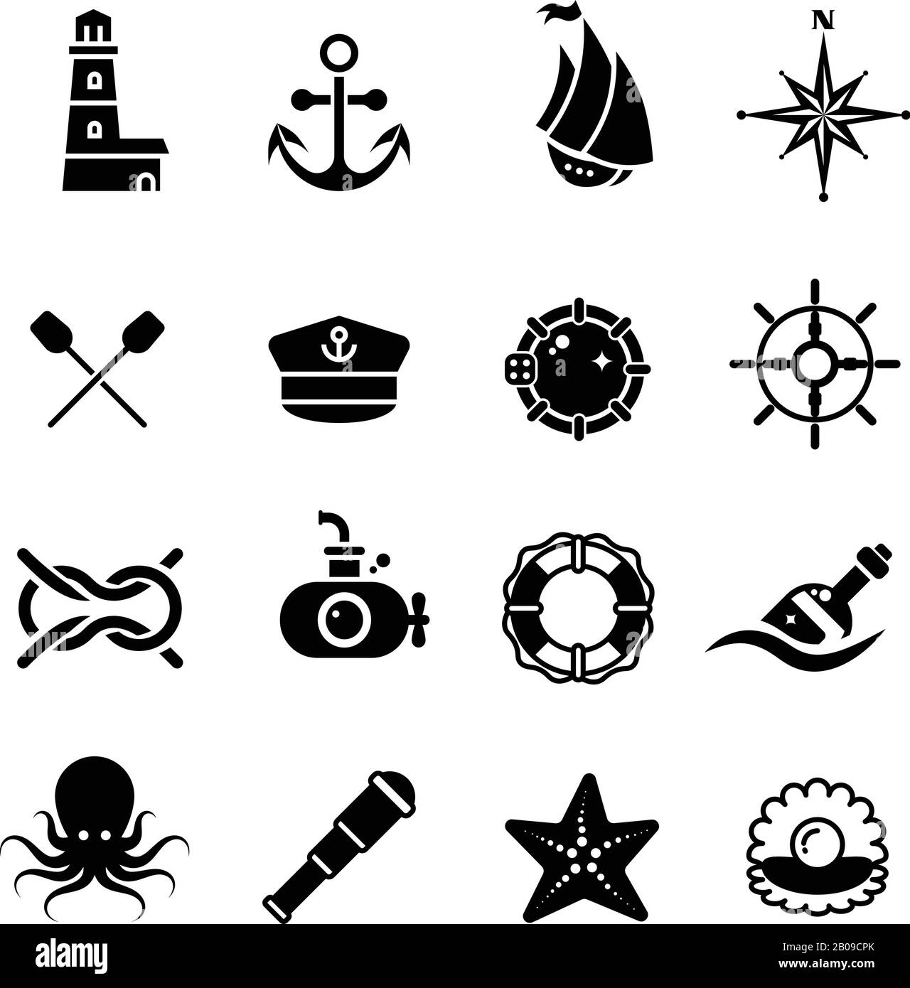Marine, Meer, Nautik, Pirat, maritimer Vektor Retro Ikonen. Abbildung der schwarzen weißen Marinesymbole Stock Vektor