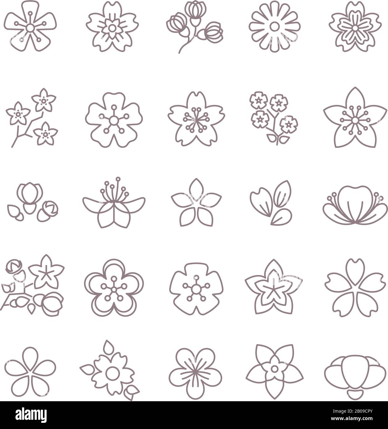 Die dünnen Linien der Frühlingsblume sind mit Vektorsymbolen versehen. Blumenblume mit Blütenblatt, Sammlung von Blumen Illustration Stock Vektor