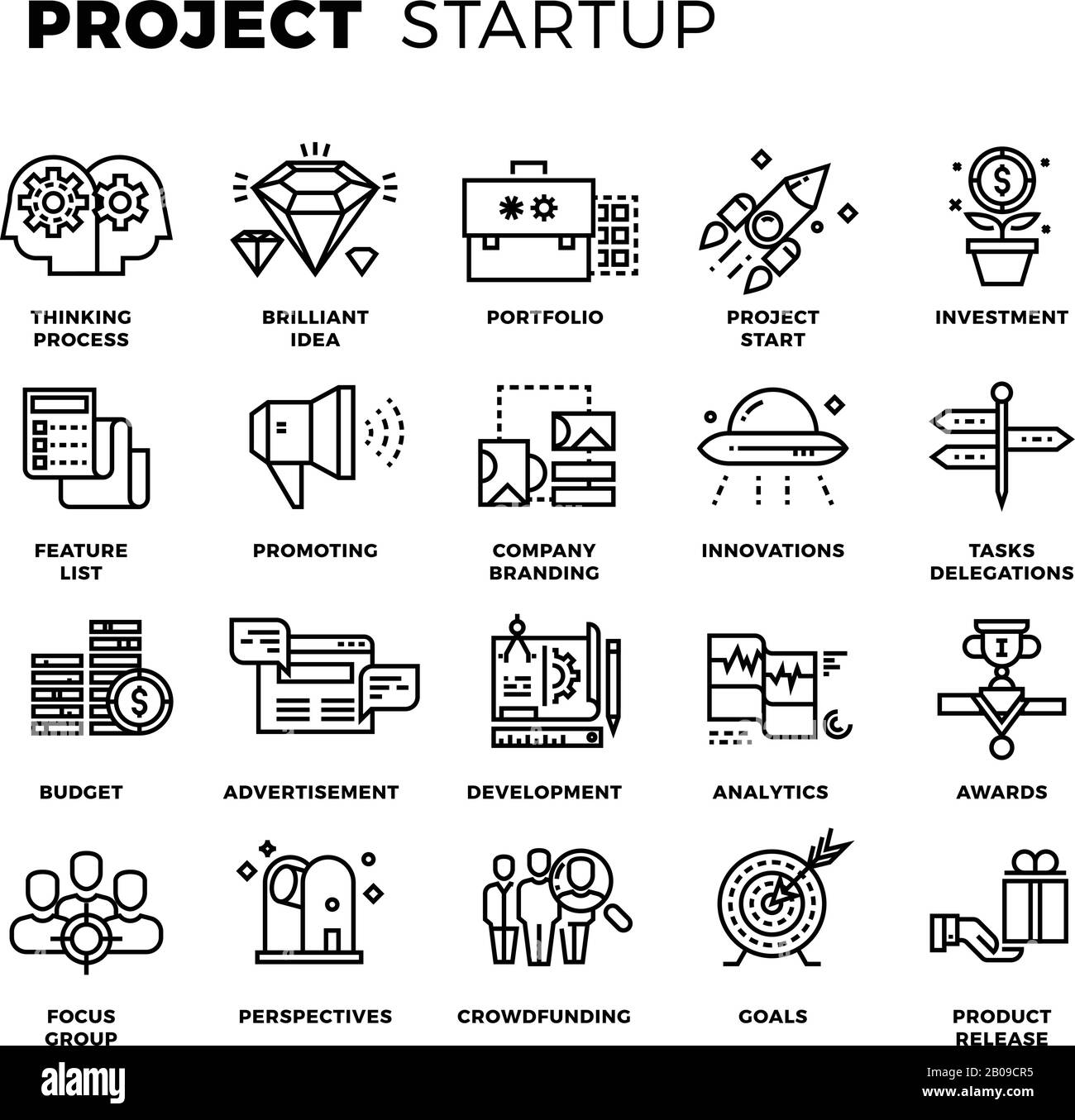 Start, Start von Business, Workflow, Start neuer Produkte, Suche nach Thin Line Vector-Symbolen. Projektmanagement und Satz linearer Symbole Projektabbildung Stock Vektor