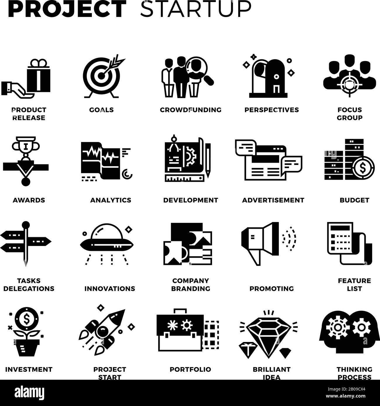 Start-up, Venture Capital, Unternehmer Vector Icons Set. Projekt investieren und fördern, die Sammlung von Symbolen für das Projektmanagement illustrieren Stock Vektor