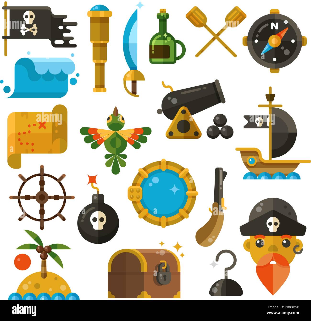 Meeresabenteuer, Pirat, Waffe, Schatzvektor flache Ikonen. Farbige Meeresabenteuerelemente, Illustration von Meerespiraten Stock Vektor