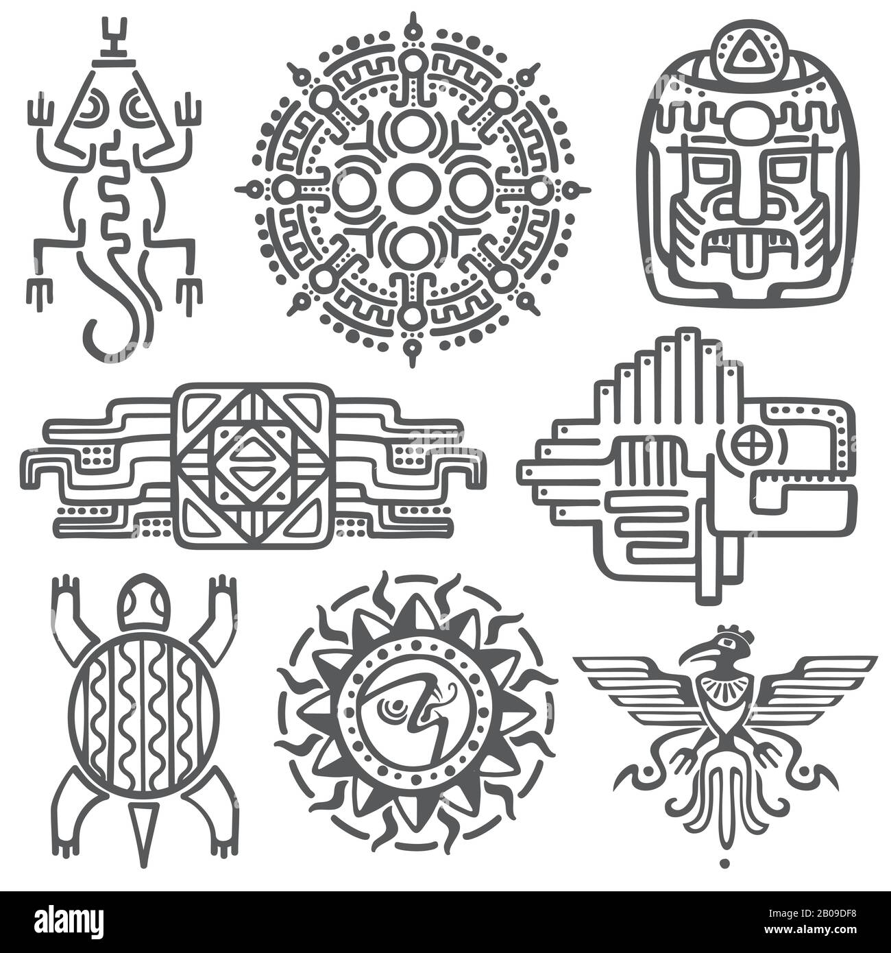 Symbole für die antike mexikanische Vektormythologie: Amerikanische aztekische, mayanische Kultur - einheimische Totemmuster. Aztec und mexican Tattoo, Illustration des maya-symbols Tattoo Stock Vektor