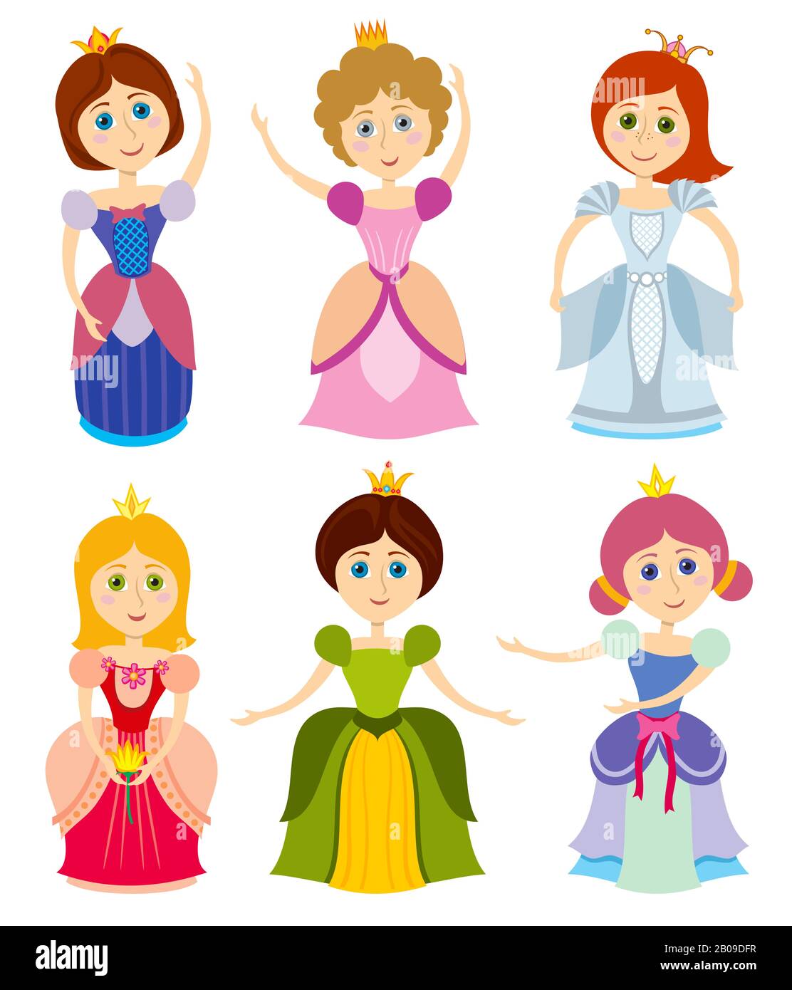 Kleine niedliche Prinzessinnen zeigen den Modevektor der Brautmädchen für Kinder. Junge Prinzessin im Kleid, Elegance Person Prinzenillustration Stock Vektor