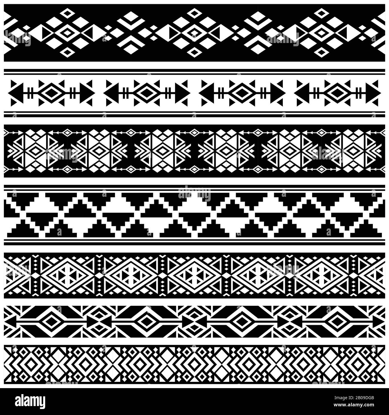 Afrikanische und mexikanische aztekische amerikanische Stammesvektorgrenzen, Rahmenmuster. Monochrom der afrikanischen Tribal Pattern Illustration Stock Vektor