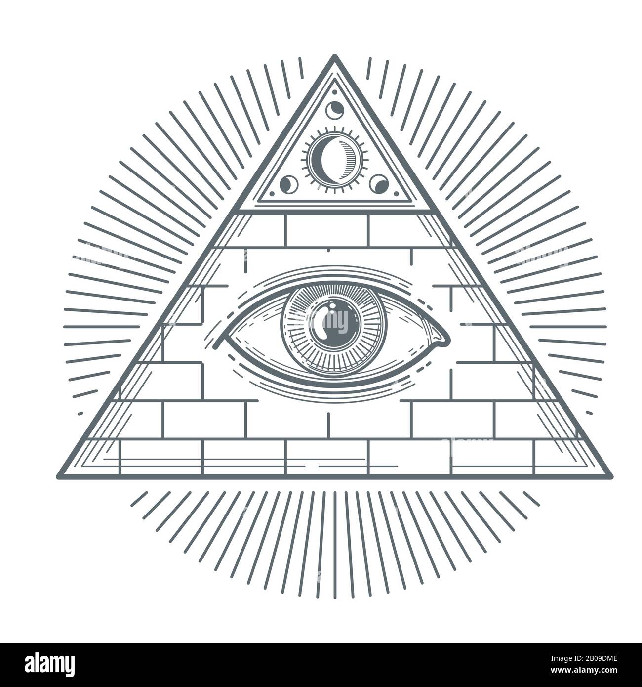 Mystisches okkultes Zeichen mit freimaurerischer Augensymbol-Vektorillustration. Freimaurerisches Mystikzeichen, Pyramide mit Auge Stock Vektor
