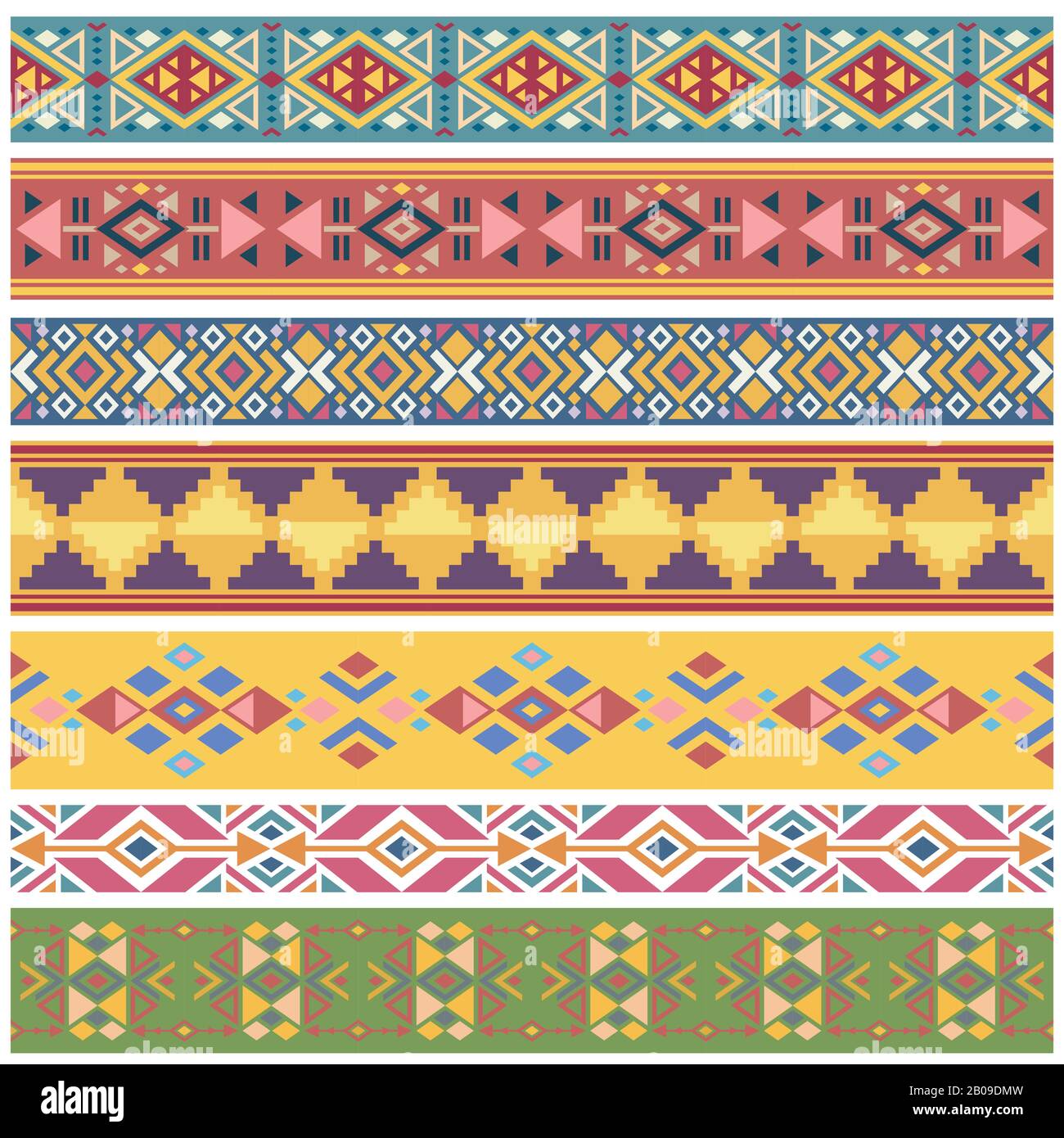 Uralte geometrische, native amerikanische Stammesgrafik Vektor nahtlose Grenzen. Färben sie das amerikanische Stammesmuster, und illustrieren Sie den indianisch-amerikanischen Hintergrund Stock Vektor