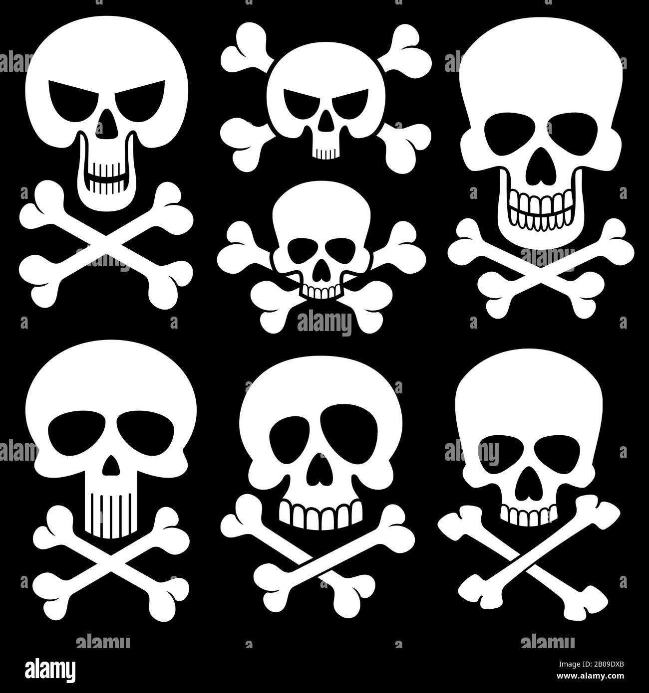 Vektorsymbole für Schädel- und Kreuzbeinpiraterie. Tod, furchtsam Symbole. Abbildung mit weißem Schädel und Kreuzknochen Stock Vektor