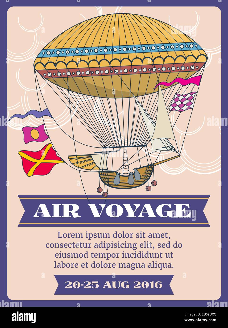 Illustration des Cartoon-Vektors für Heißluftballons. Festival Luftballonfahrt Banner, Lufttransportballon Stock Vektor