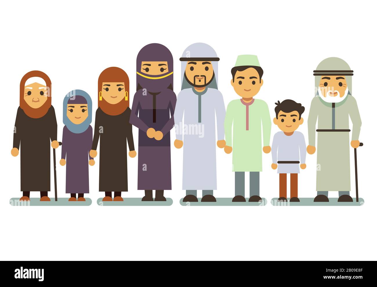 Arabisch glücklich lächelnde Familienvektor-Charaktere. Islamische Eltern, saudi-arabischer Mann, Frau, Kinder, Teenager. Islamische Familienparens und Kinder, Illustration der großen muslimischen Familie Stock Vektor