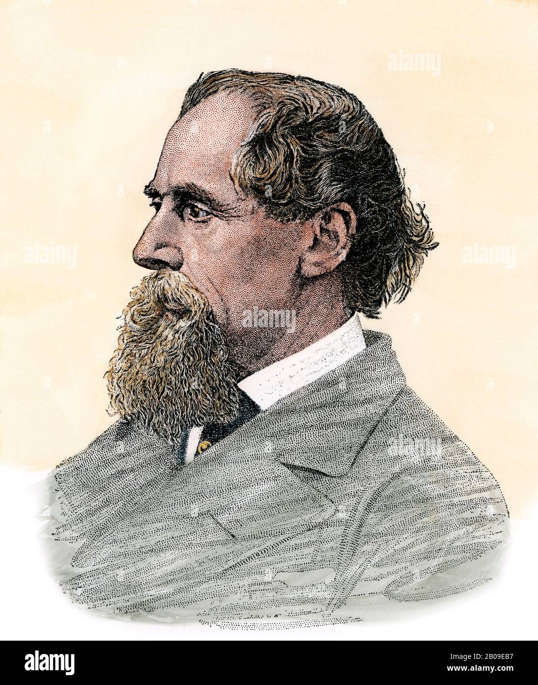 Charles Dickens Profil. Handfarbener Holzschnitt Stockfoto