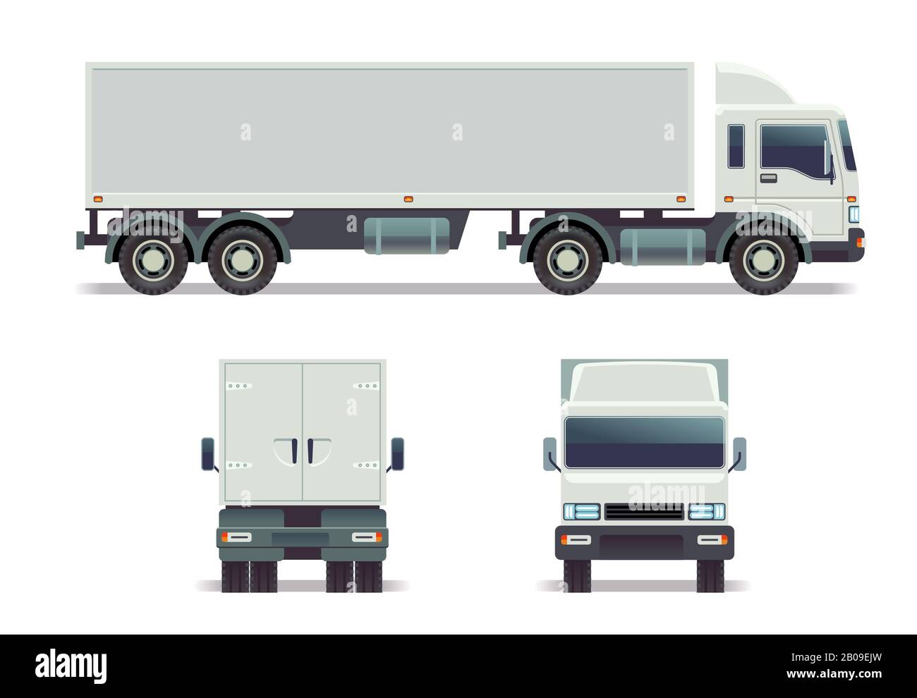 Cargo Track in drei Punkten isoliert auf weiß. Vektorvorlage für Corporate Identity. Langer Cargo Truck mit Container, Abbildung von LKW-Vorder-, Rücken- und Seitenansicht Stock Vektor
