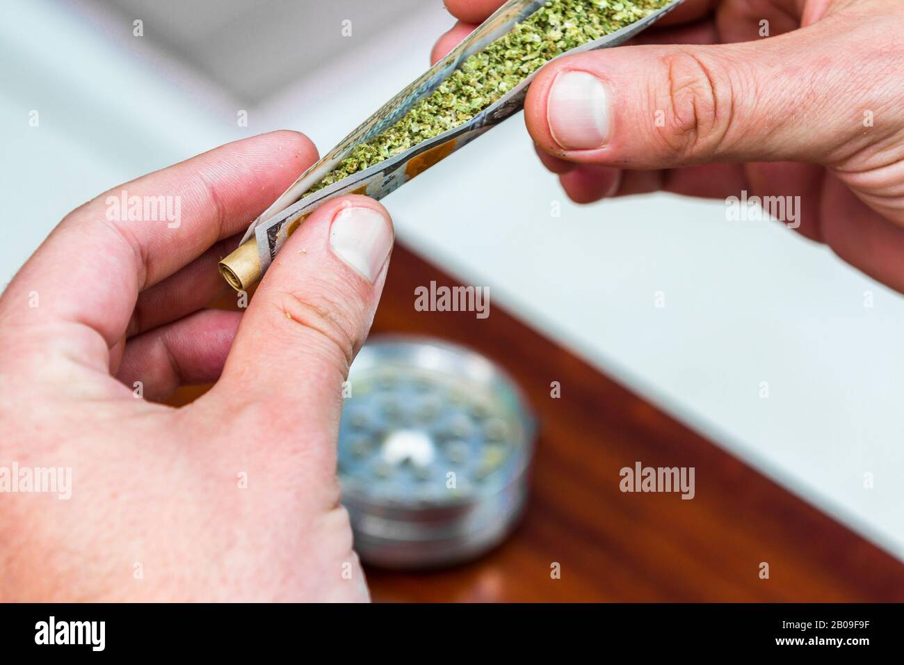 Nahaufnahme des Betäubens und Rollens einer gefälschten 100-Dollar-Rechnung Cannabis-Joint Stockfoto