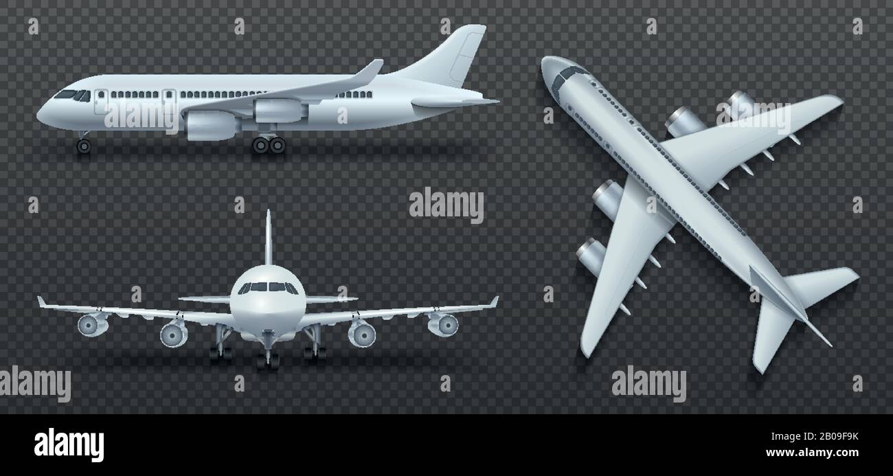 Flugzeug, Flugzeug, Flugzeug in verschiedenen Sichtweisen. Satz Luftplatinenvorderseite und obere Abbildung Stock Vektor