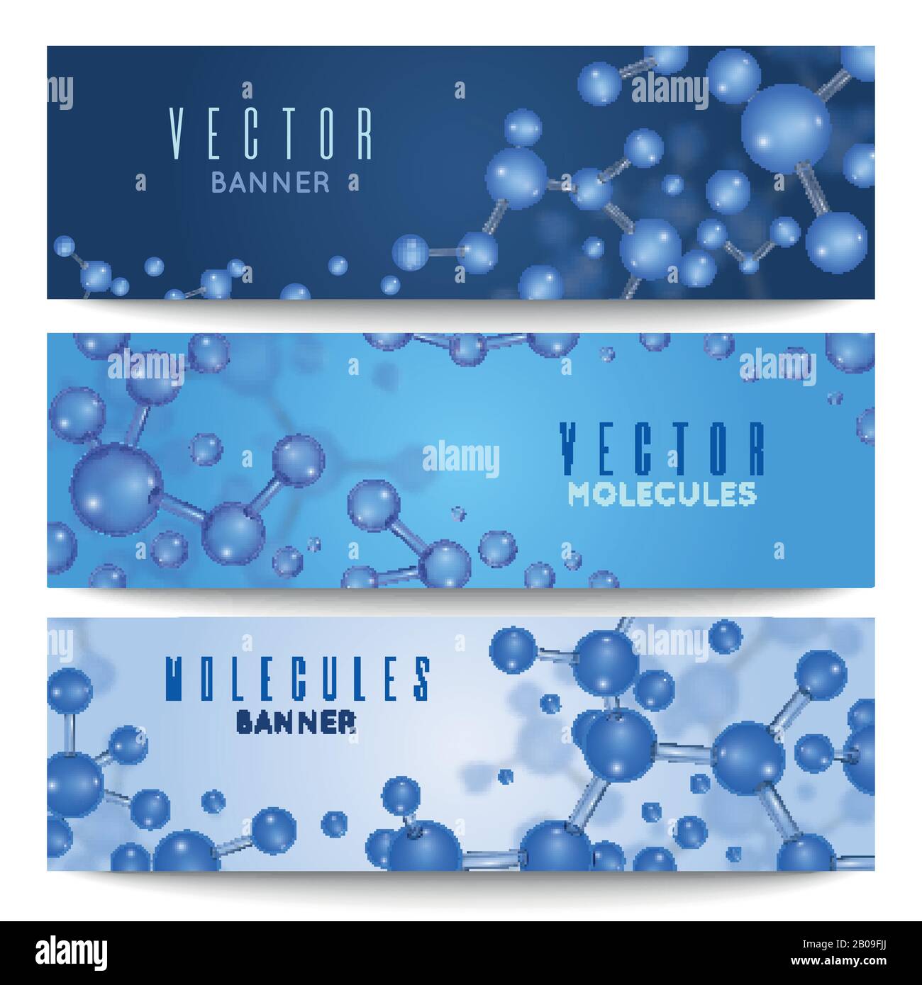Nanotechnologie, Mikro-Genetik, medizinische Vektorbanner mit 3D-Molekularmodell. Poster Karten Moleküle, Abbildung von Atommolekülformen Stock Vektor