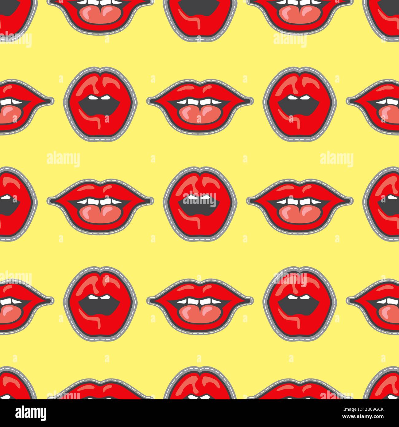 Helle Lips Patch-Vektor nahtloses Muster. Cartoon Lips Mädchen Illustration Stock Vektor