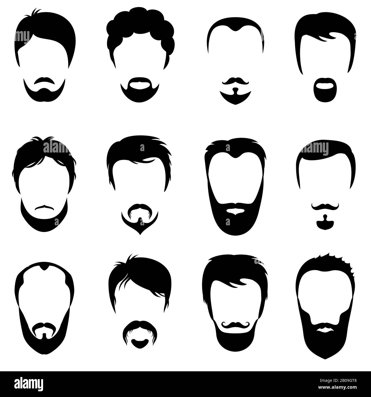 Designkonstruktor mit Männern Vektor-Silhouette Formen von Haarschnitten. Mode mit schwarzem Bart und Schnurrbart Stock Vektor