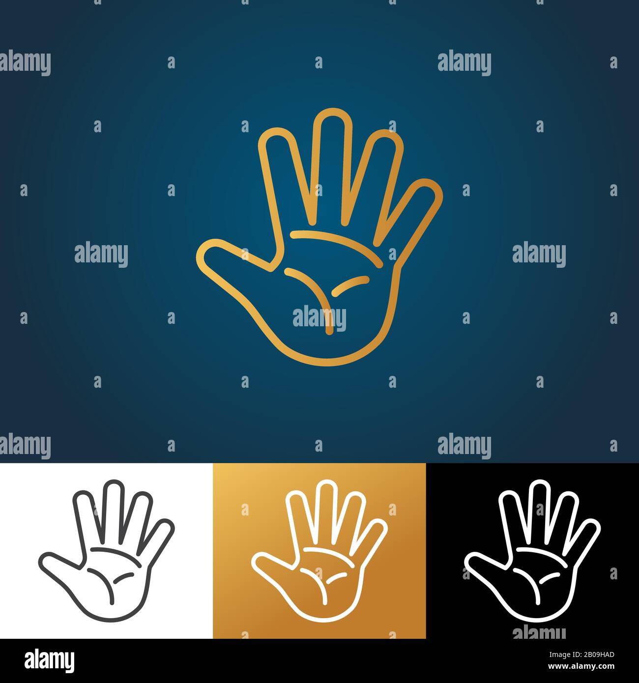 Vektorsymbol für offene Hand in vier Variationen. Abbildung des menschlichen Arms Stock Vektor